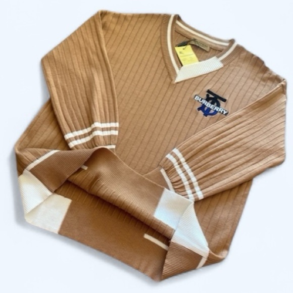 Burberry Pullover V-Neck Cardigan XL Caramel Brown/White Quiet Luxury NWT - Picture 8 of 14